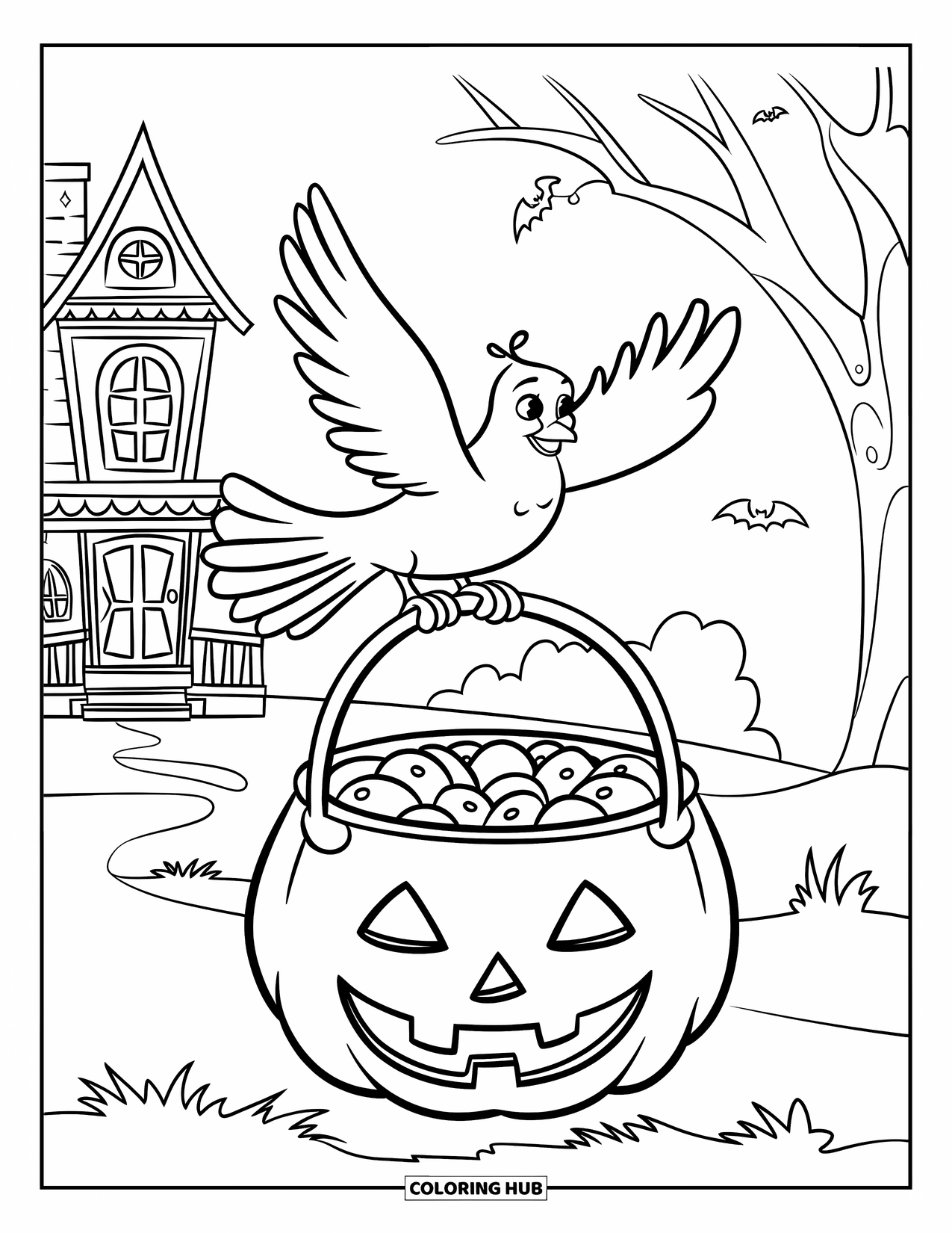 Christian Halloween Coloring Page for Kids: A dove glides above a Halloween basket under a glowing moon