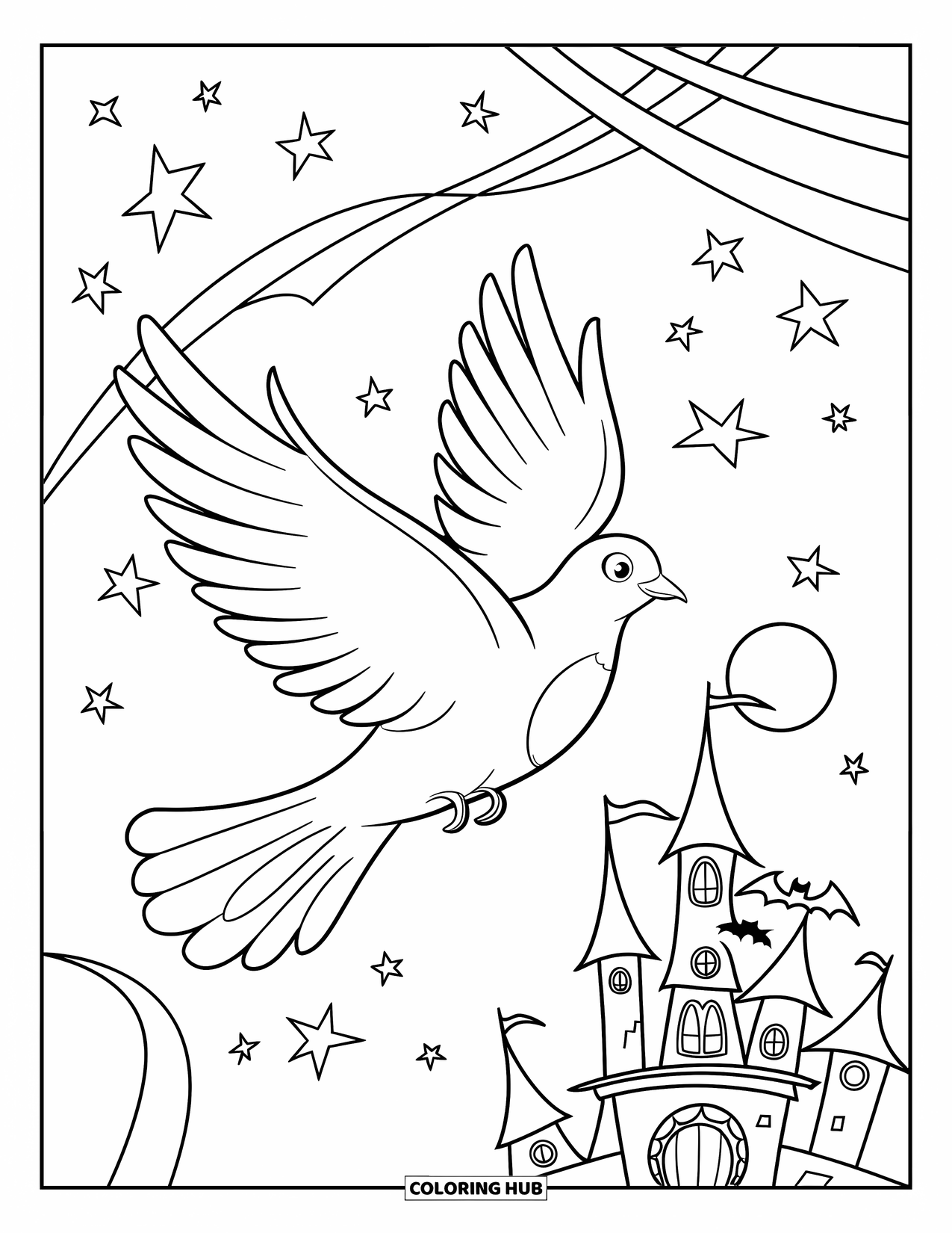 Christian Halloween Coloring Page for Kids: A dove soars through the night sky with stars and ribbons