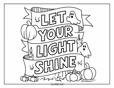 Křesťanská halloweenská omalovánka pro děti: Podzimní transparent s nápisem "Let Your Light Shine" mezi dýněmi a svíčkami