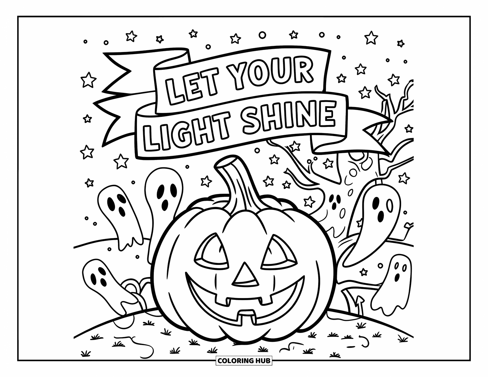 Christian Halloween Coloring Page for Kids: A glowing pumpkin and ghost float under a "Let Your Light Shine" sign