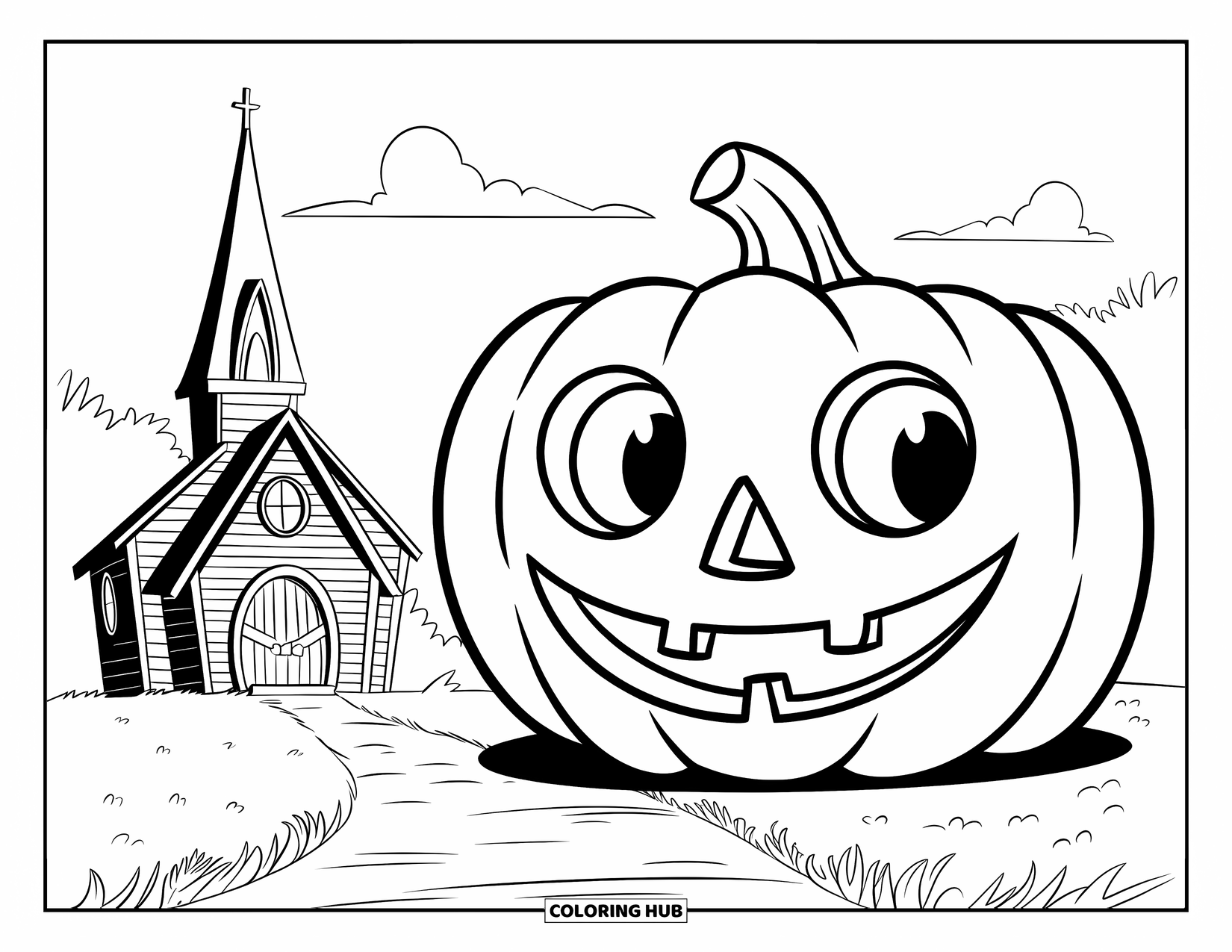 Christian Halloween Coloring Page for Kids: A happy pumpkin smiles beside a small church at dusk