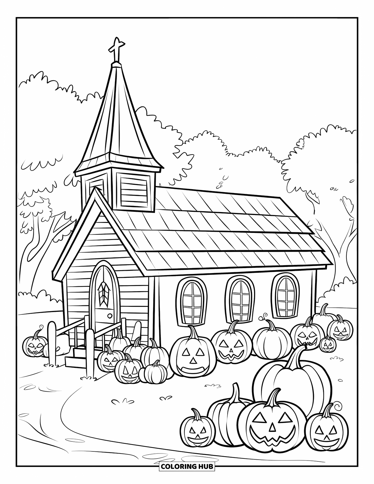 Christian Halloween Coloring Page for Kids: A little church surrounded by pumpkins glows under a calm sky
