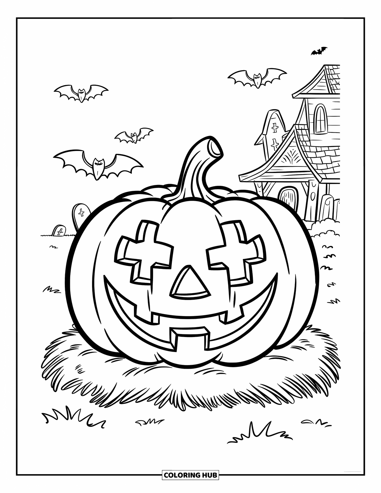 Christian Halloween Coloring Page for Kids: A pumpkin with a cross carved on its face glows by a house