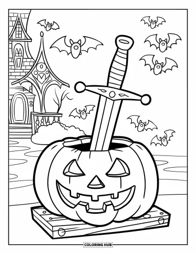 Křesťanská halloweenská omalovánka pro děti: Zářící meč propichuje dýni vyřezanou se slovem "Faith"