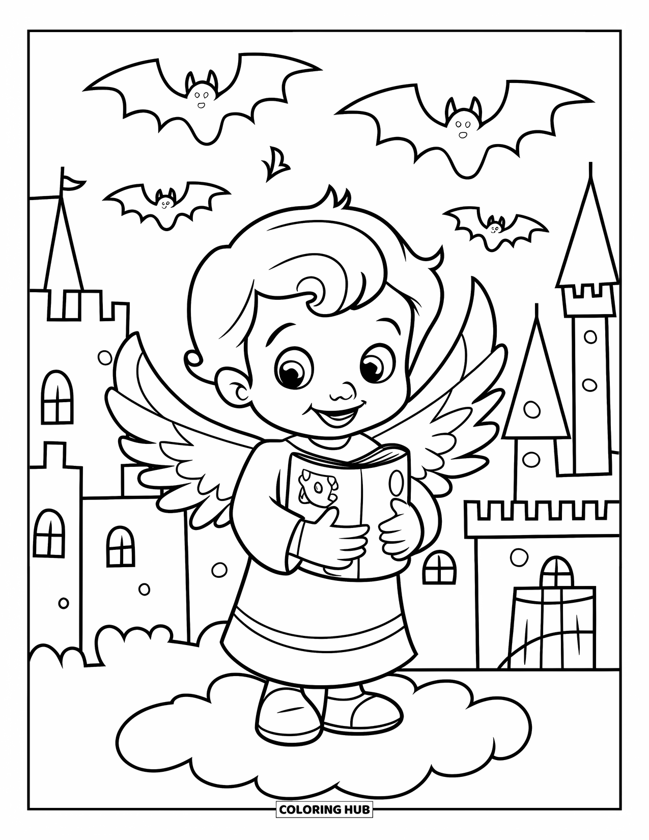 Christian Halloween Coloring Page for Kids: A small angel holds a Bible while standing on a soft cloud