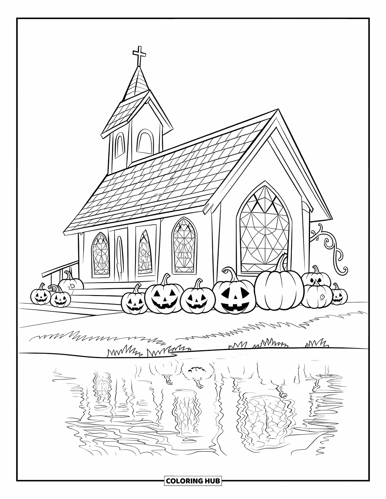 Christian Halloween Coloring Page for Kids: A small church with friendly pumpkins shines beside a quiet lake