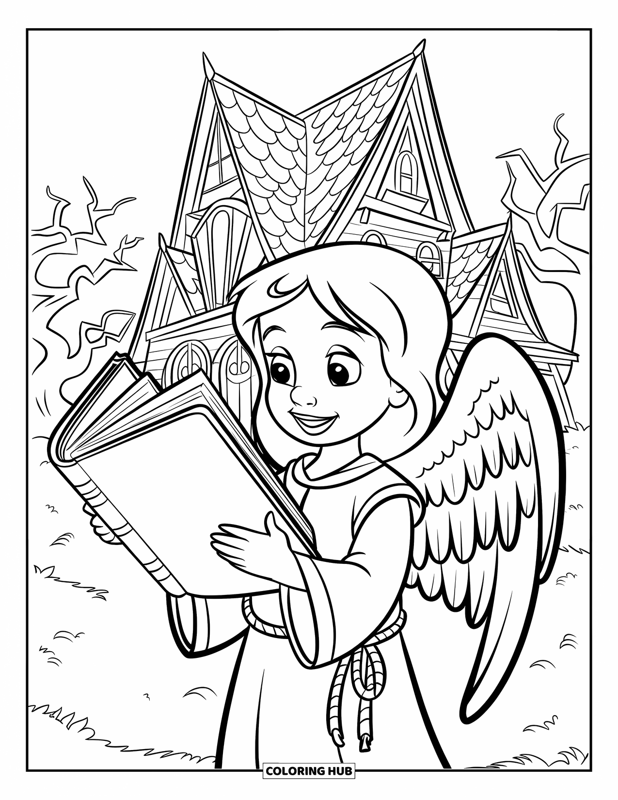 Christian Halloween Coloring Page for Kids: A smiling angel child holds a Bible near a spooky castle