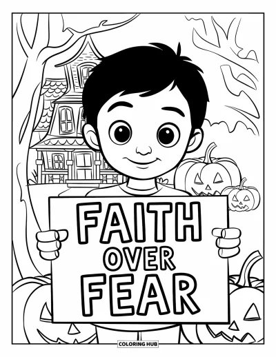 Křesťanská halloweenská omalovánka pro děti: Usměvavé dítě drží ceduli "Faith Over Fear" u zářících dýní