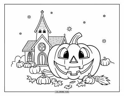 Křesťanská halloweenská omalovánka pro děti: Usměvavá dýňová lucerna sedí vedle kostela pod hvězdnatou oblohou