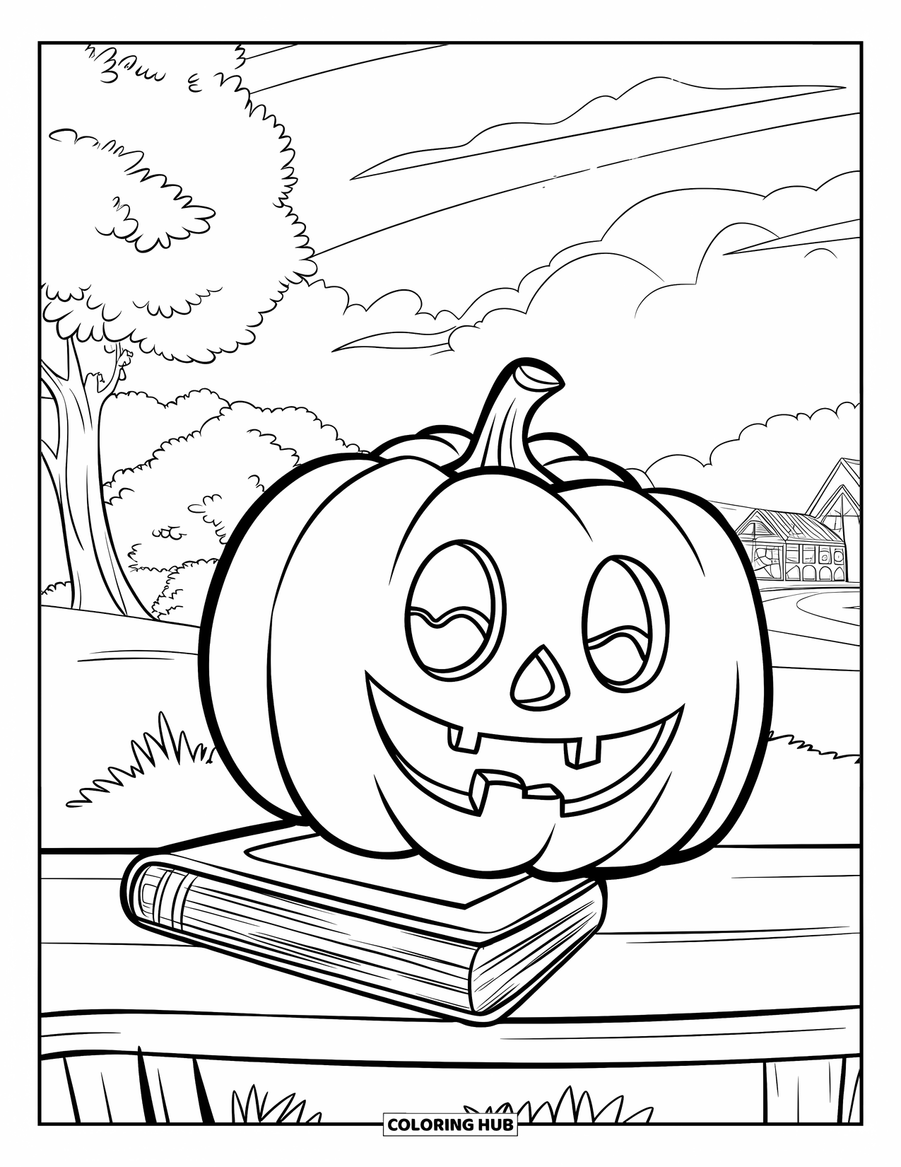 Christian Halloween Coloring Page for Kids: A smiling pumpkin and Bible share a bench under soft autumn skies