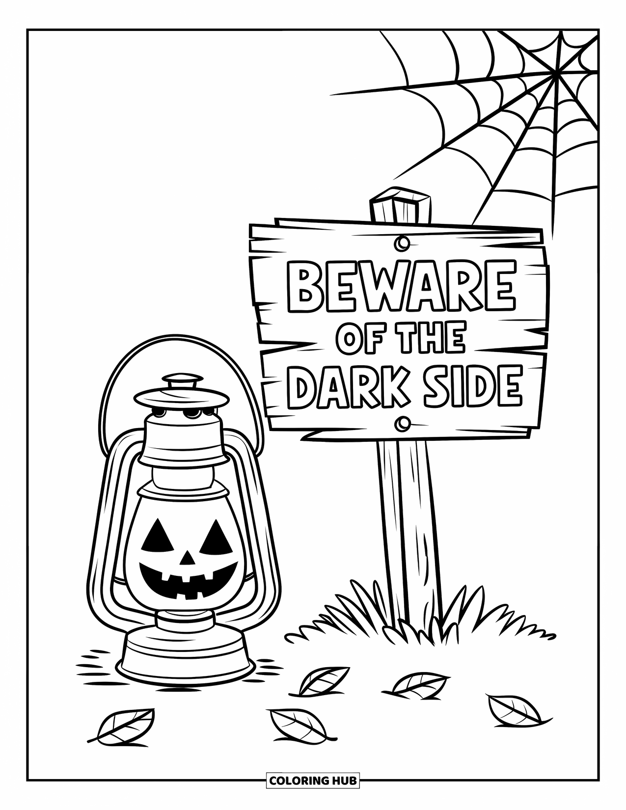 Christian Halloween Coloring Page for Kids: A spooky lantern and signpost glow beneath a haunted castle