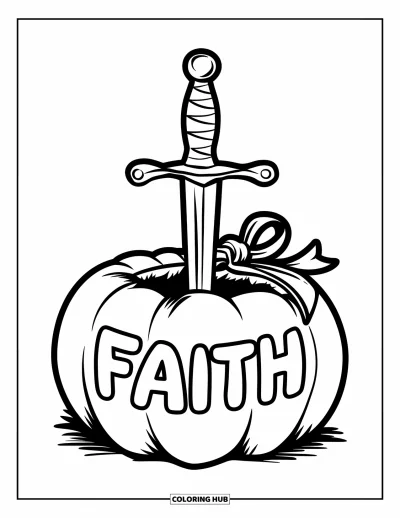 Křesťanská halloweenská omalovánka pro děti: Meč s nápisem "Faith" hrdě trčí z vyřezané dýně