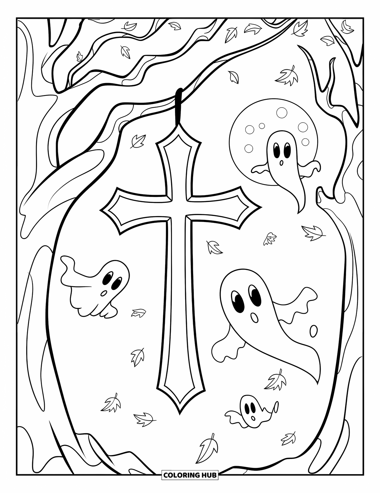 Christian Halloween Coloring Page for Kids: A tall tree with a cross sways gently beneath a glowing moon