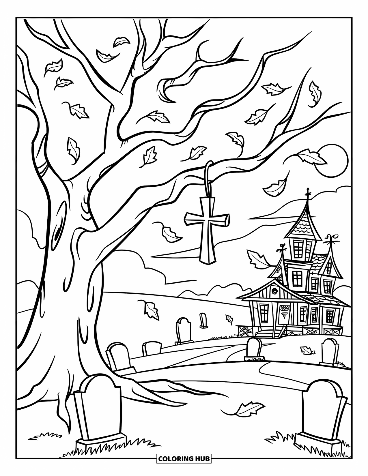 Christian Halloween Coloring Page for Kids: A tree with a hanging cross stands on a hill of falling leaves