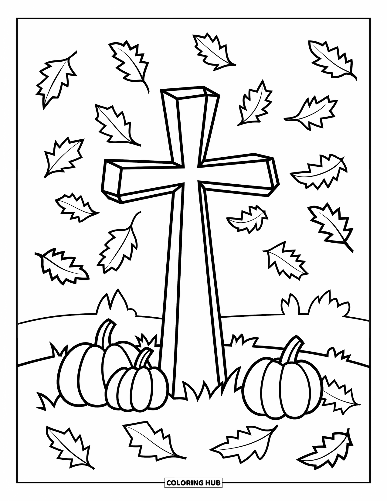 Christian Halloween Coloring Page for Kids: A wooden cross rises among drifting autumn leaves