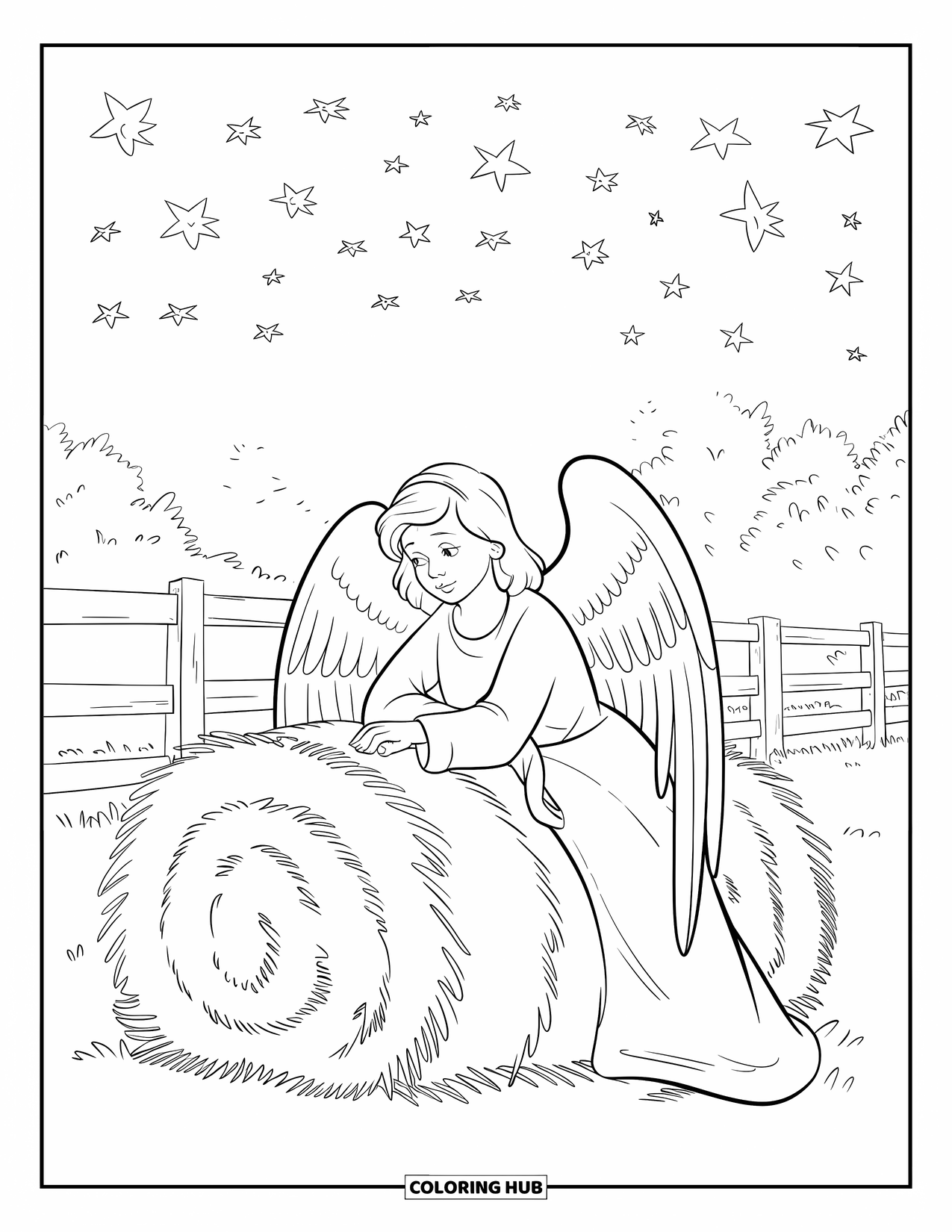 Christian Halloween Coloring Page for Kids: An angel relaxes on a hay bale under a starry autumn sky