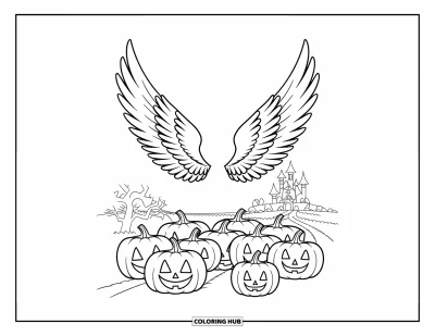 Křesťanská halloweenská omalovánka pro děti: Andělská křídla září nad políčkem s dýněmi pod jasnou halloweenskou oblohou