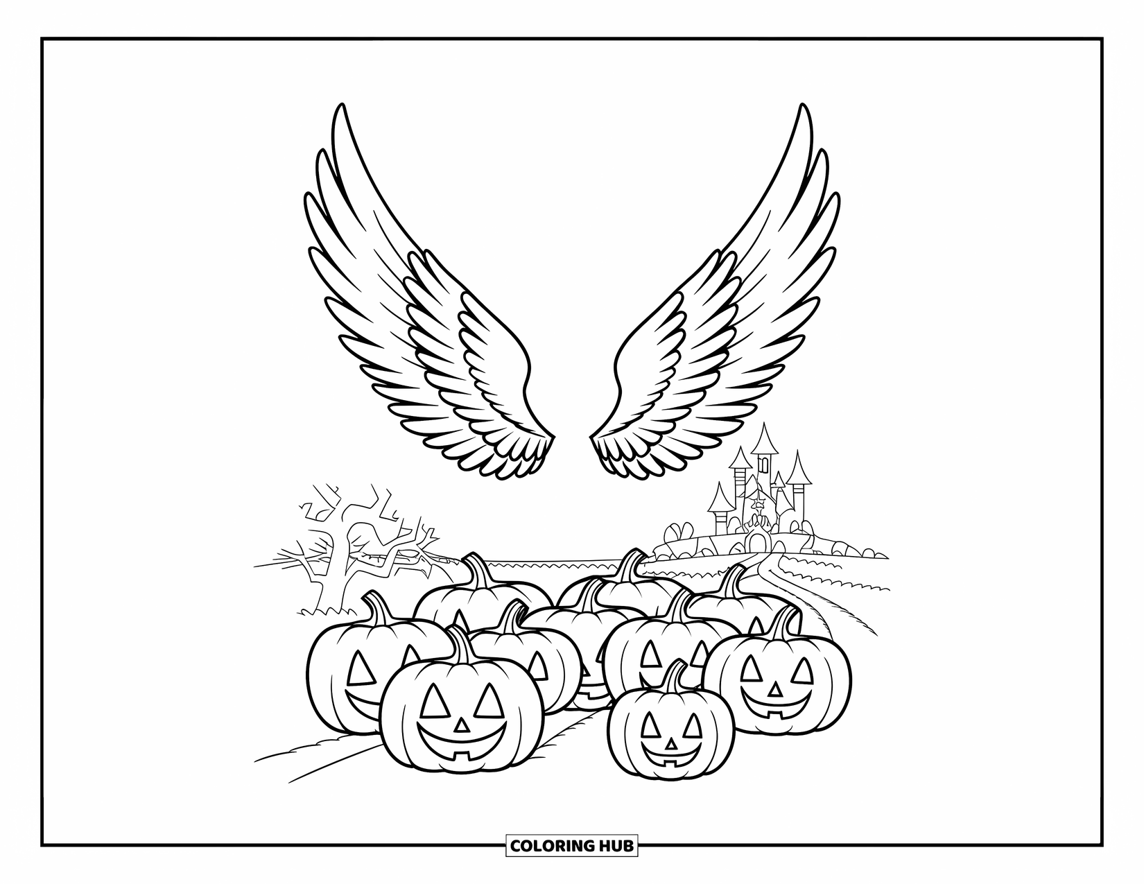 Christian Halloween Coloring Page for Kids: Angel wings shine above a pumpkin field under a bright Halloween sky