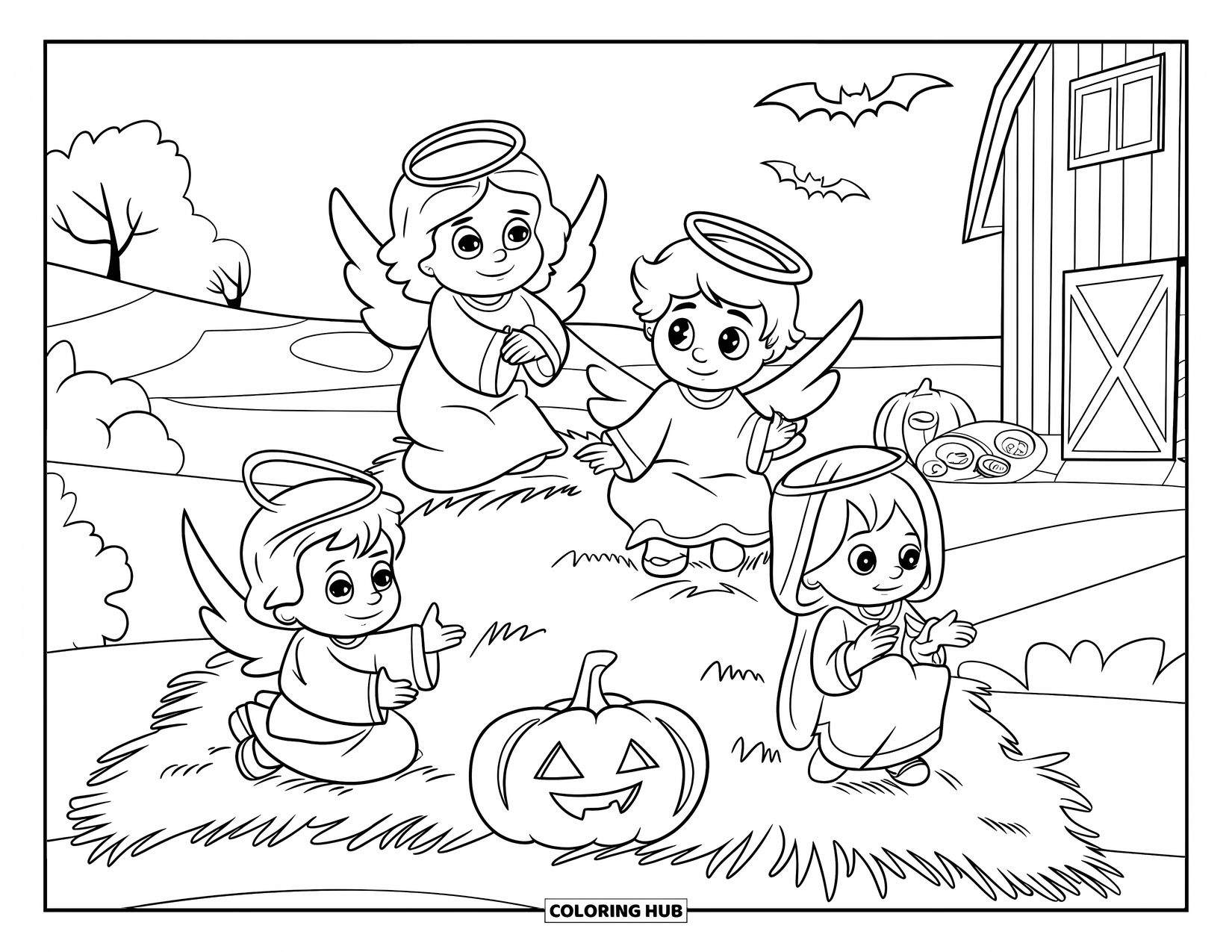 Christian Halloween Coloring Page for Kids: Children dressed as angels and shepherds play on a haystack