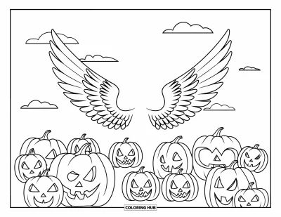 Křesťanská halloweenská omalovánka pro děti: Péřová andělská křídla se vznášejí nad políčkem s dýněmi