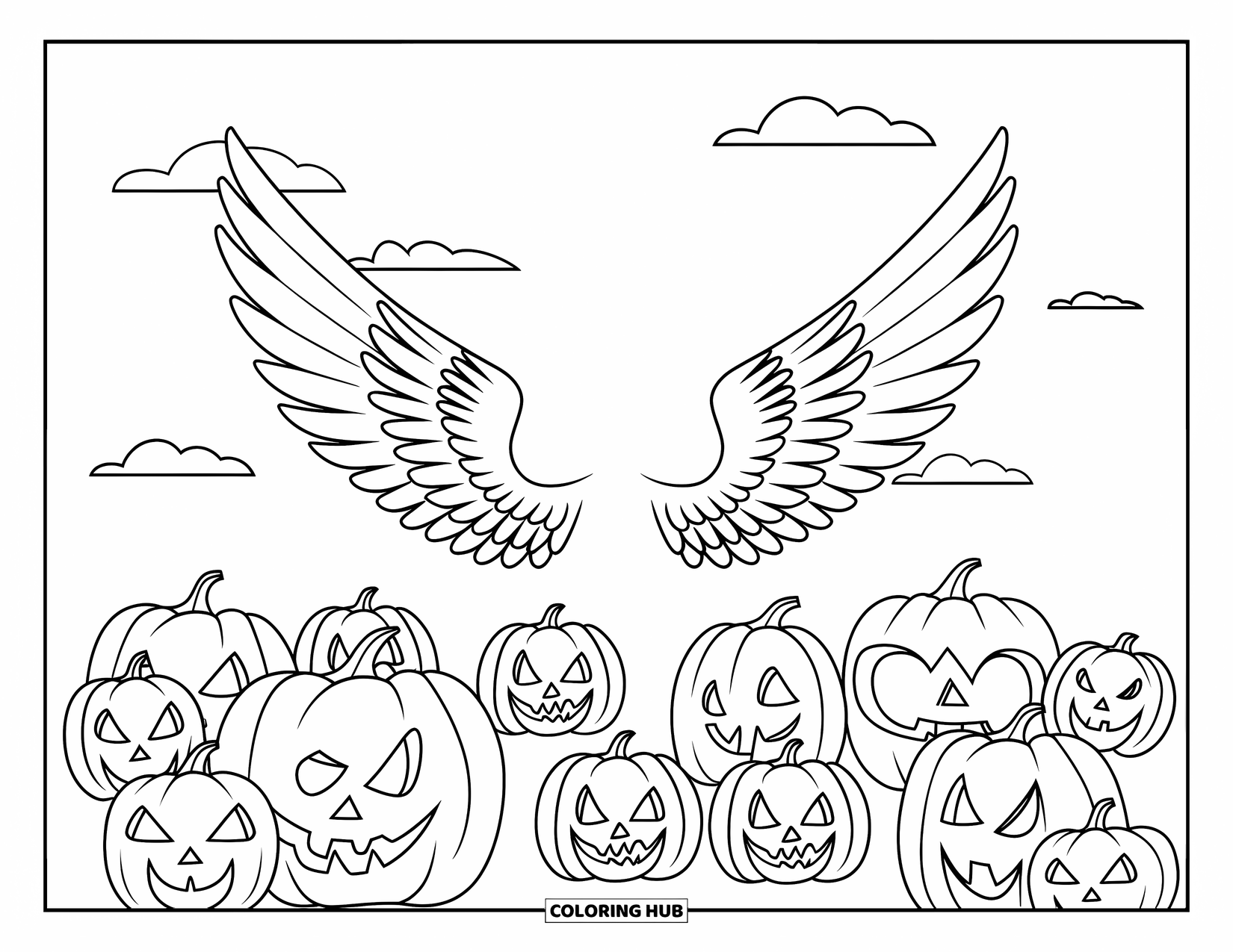 Christian Halloween Coloring Page for Kids: Feathery angel wings float above a Halloween pumpkin patch
