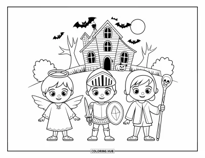 Křesťanská halloweenská omalovánka pro děti: Děti převlečené za anděla, rytíře a pastýře společně obcházejí domy