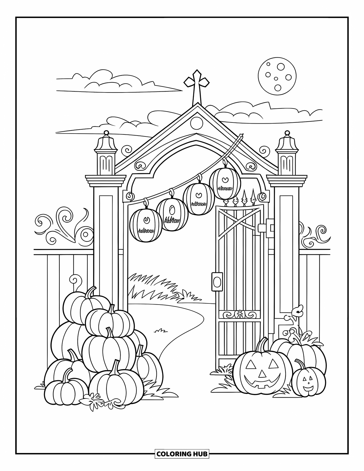Christian Halloween Coloring Page for Kids: Lanterns and pumpkins line a chapel gate beneath a full moon