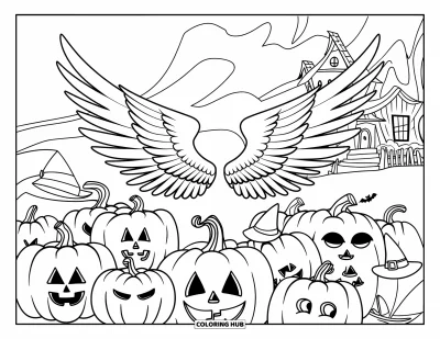 Křesťanská halloweenská omalovánka pro děti: Velká andělská křídla se vznášejí nad usměvavými dýněmi a přízračným hradem