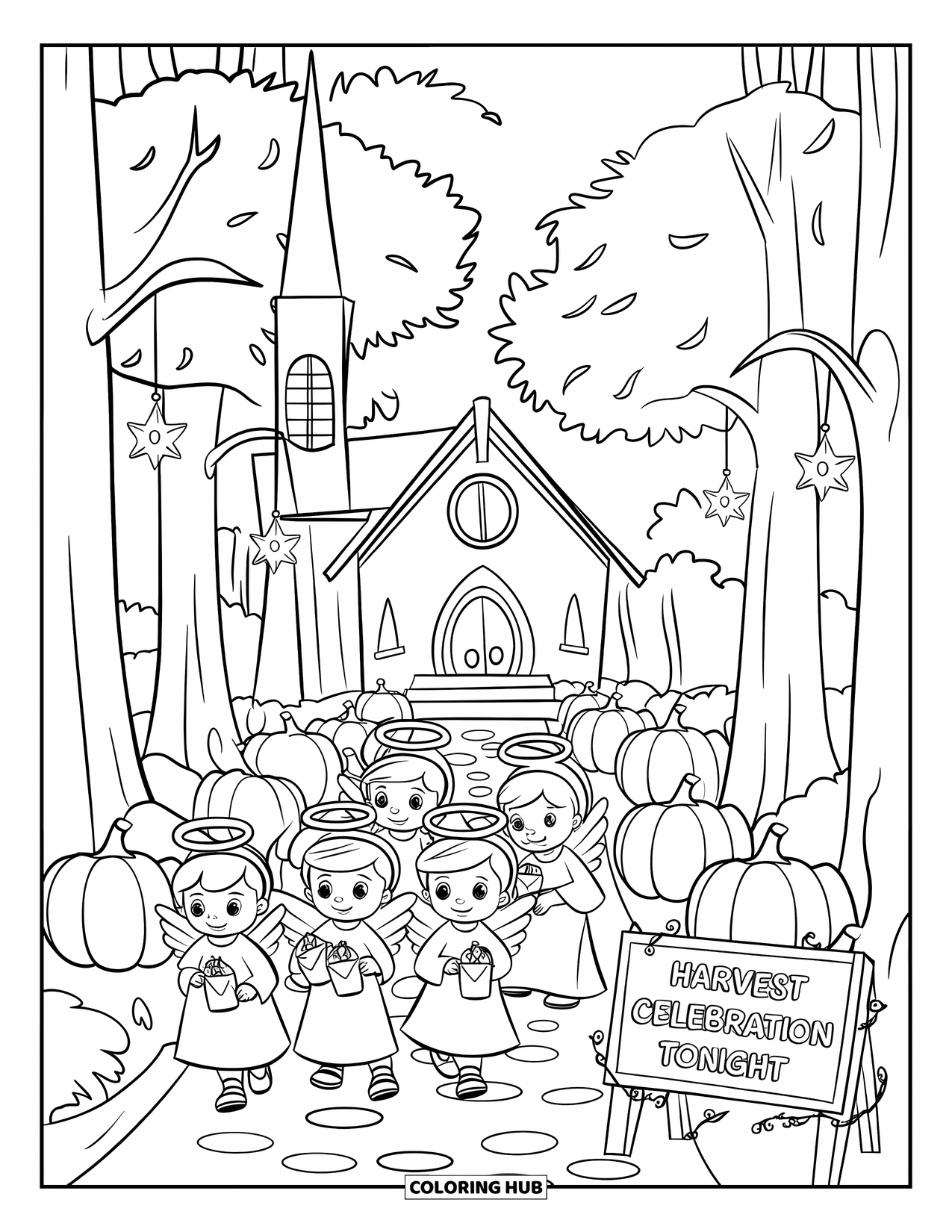 Christian Halloween Coloring Page for Kids: Little angels carry treat bags along a leaf-covered church path