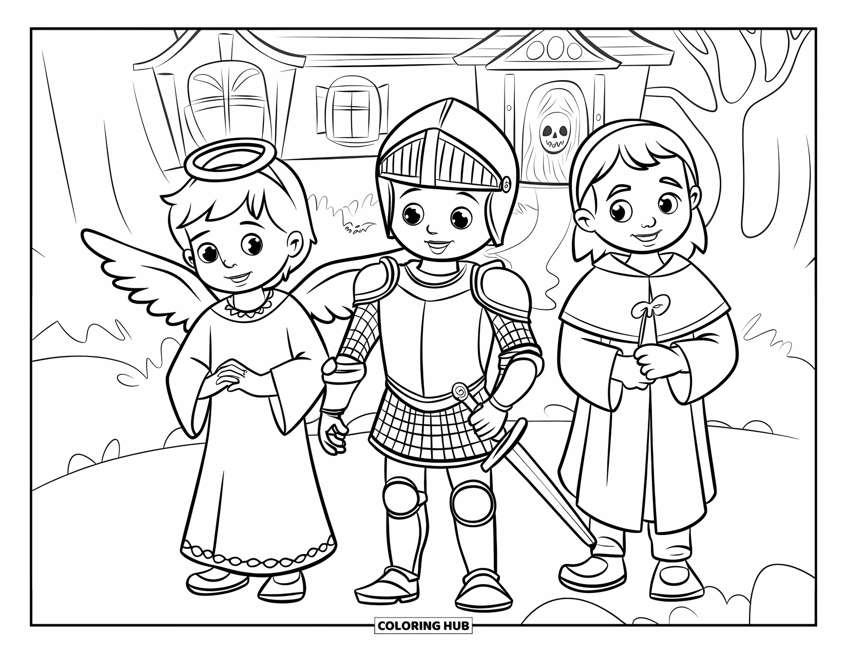 Christian Halloween Coloring Page for Kids: Three children dressed as angel, knight, and shepherd visit a spooky house