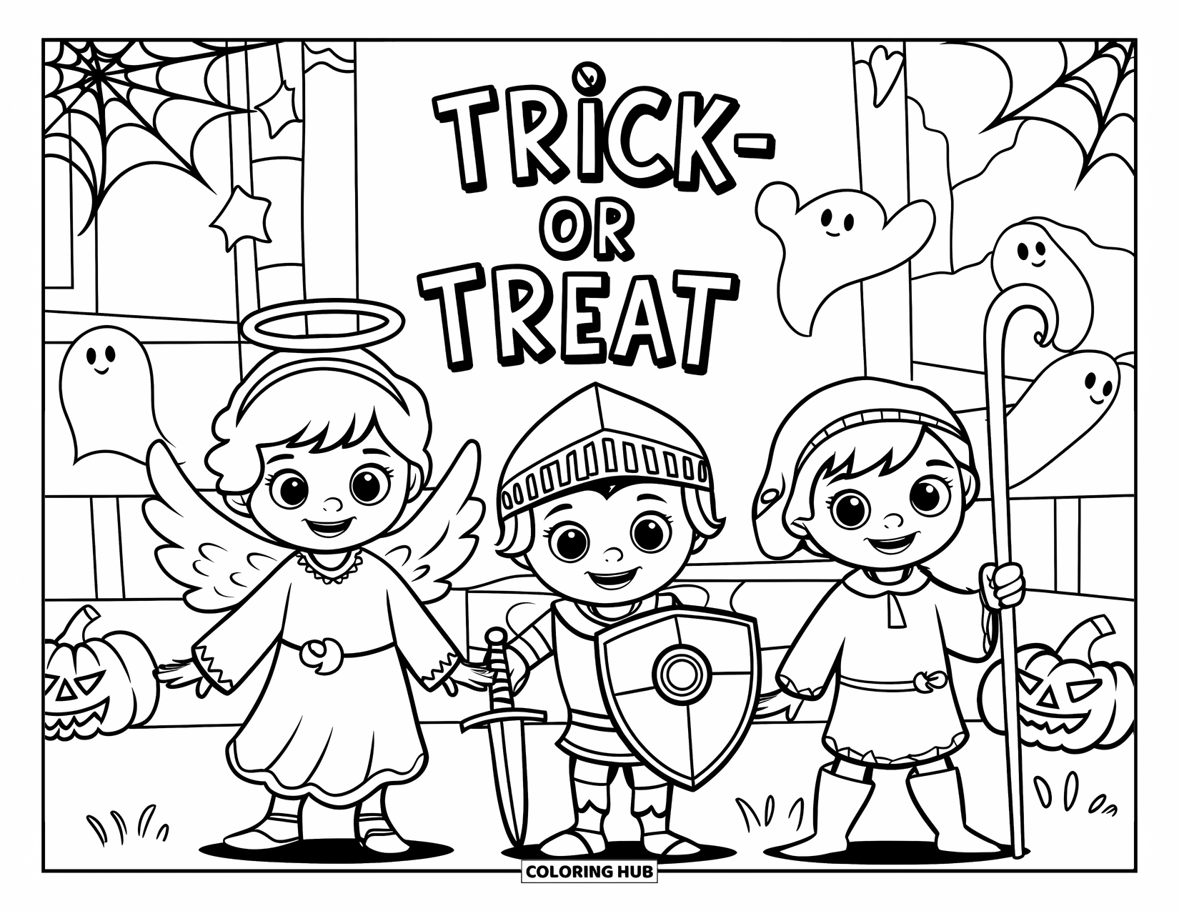 Christian Halloween Coloring Page for Kids: Three children in Bible costumes smile under a bright Halloween moon