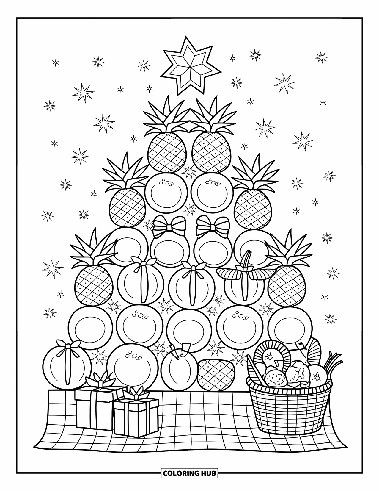 Christmas In July Coloring Page for Adults: A festive fruit tree of pineapples, coconuts, and oranges glows with tiny lights