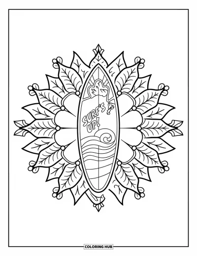 Coloriage de Noël en juillet pour adultes : Une planche de surf festive entourée de poinsettias affiche « Surf's Up ! » avec des détails en houx