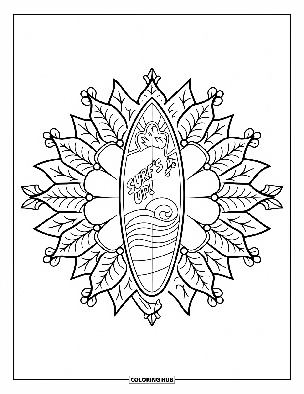 Christmas In July Coloring Page for Adults: A festive surfboard framed by poinsettias reads "Surf's Up!" with holly details