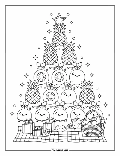 Coloriage de Noël en juillet pour adultes : Une pyramide de fruits en forme de sapin de Noël brille avec des nœuds et des rubans