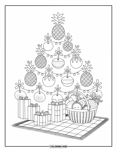 Coloriage de Noël en juillet pour adultes : Une pyramide de fruits festive scintille avec des rubans, des nœuds et un carambole au sommet