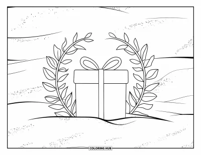 Coloriage de Noël en juillet pour adultes : Un cadeau dépasse du sable encadré par des feuilles et de délicates fleurs