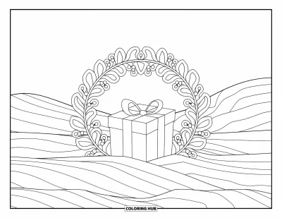 Coloriage de Noël en juillet pour adultes : Un cadeau à moitié enfoui dans le sable est entouré d'une bordure végétale