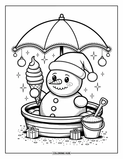 Coloriage de Noël en juillet pour adultes : Un joyeux bonhomme de glace à la crème est assis sur la plage tenant un cornet de glace