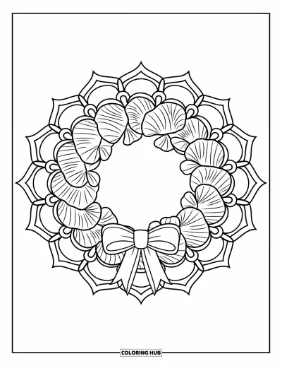 Coloriage de Noël en juillet pour adultes : Un mandala encadre une couronne de coquillages ornée d'un nœud en ruban