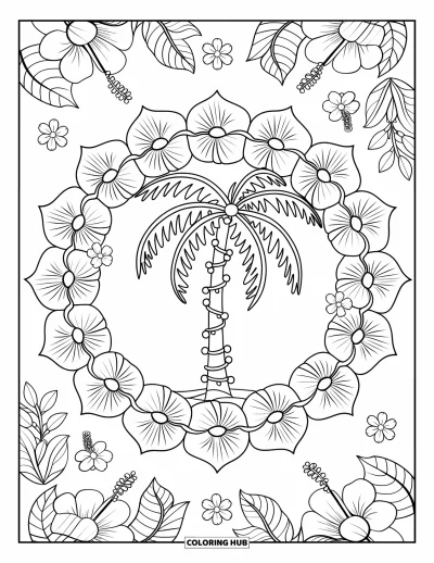 Coloriage de Noël en juillet pour adultes : Un palmier enrubanné de lumières se dresse au milieu d'un mandala d'hibiscus