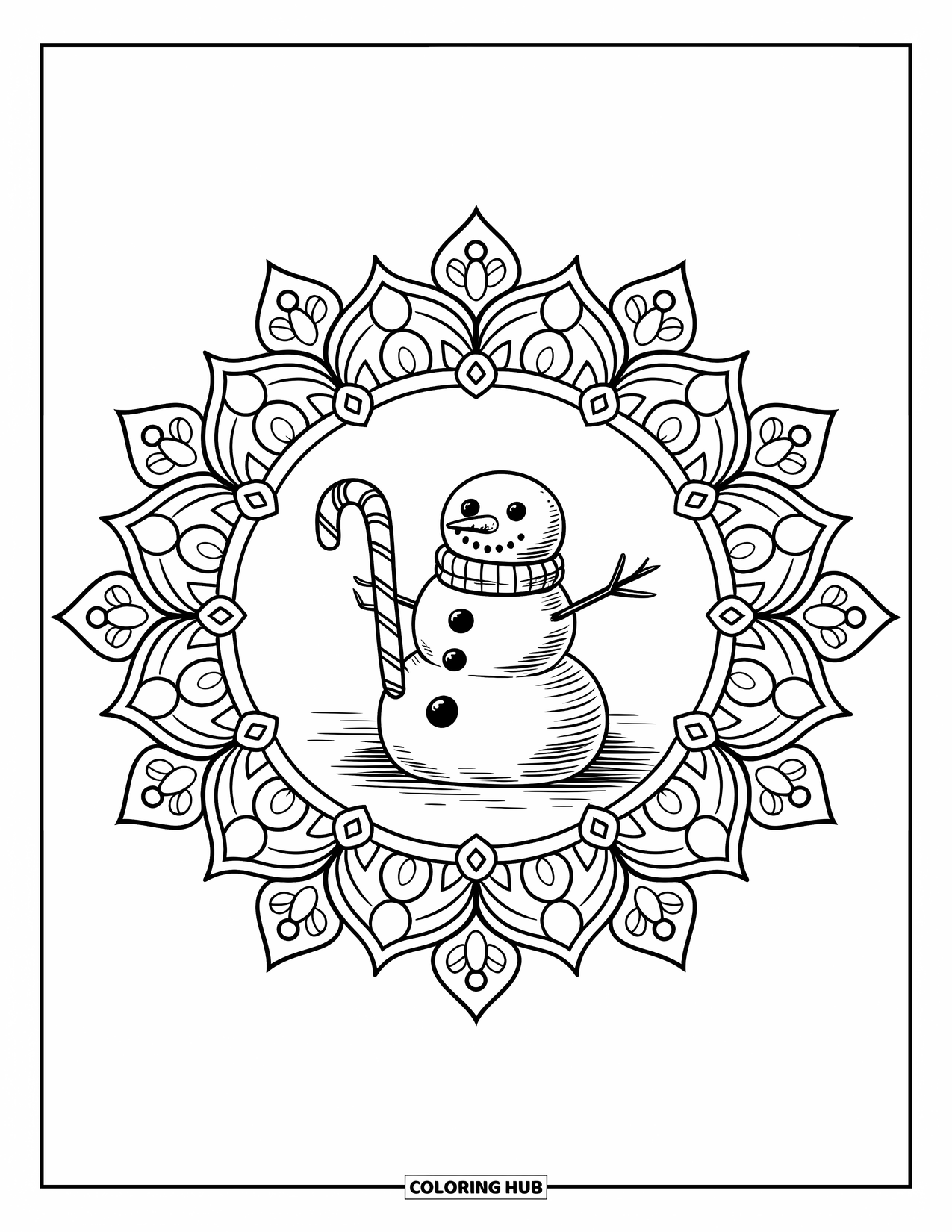 Christmas In July Coloring Page for Adults: A sand snowman holds a candy cane within a floral mandala frame