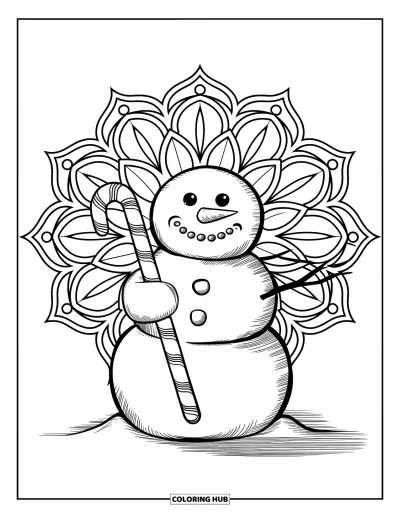 Coloriage de Noël en juillet pour adultes : Un bonhomme de sable trône au centre d'un mandala floral
