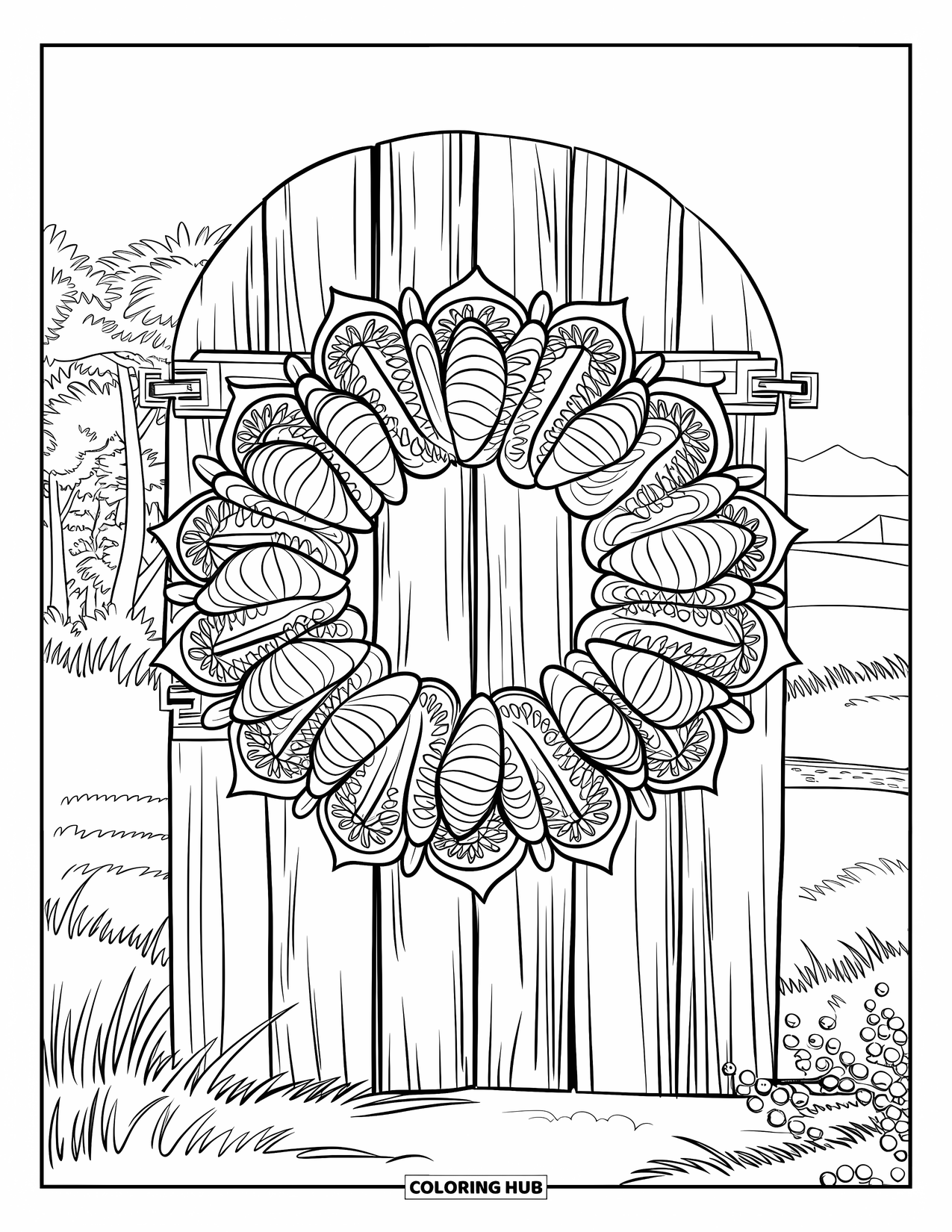 Christmas In July Coloring Page for Adults: A seashell wreath and mandala design adorn a rustic wooden door