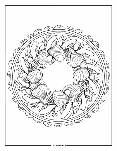 Coloriage de Noël en juillet pour adultes : Une couronne de coquillages entourée d'un mandala repose dans un cadre décoratif