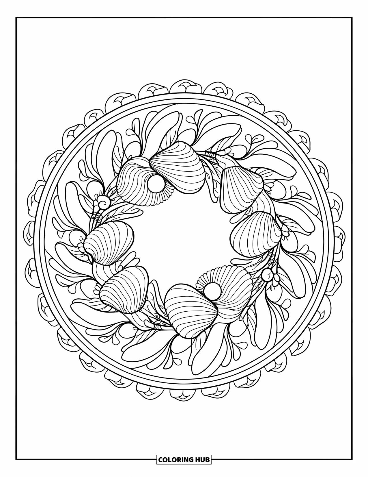 Christmas In July Coloring Page for Adults: A seashell wreath encircled by a mandala rests within a decorative frame