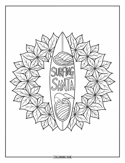 Coloriage de Noël en juillet pour adultes : Une planche de surf gravée de « Surfing Santa » est insérée dans un mandala de poinsettias