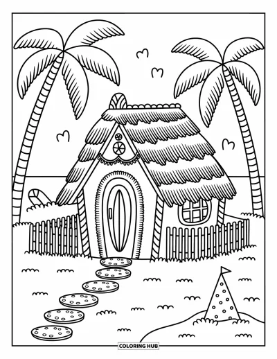 Coloriage de Noël en juillet pour adultes : Une maison en pain d'épices tropicale avec un toit de chaume en biscuit posée sur le sable