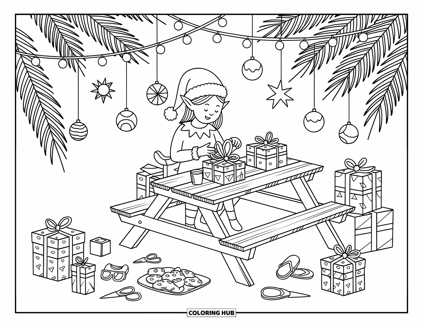 Christmas In July Coloring Page for Adults: An elf wraps colorful gifts under palm trees and twinkling string lights
