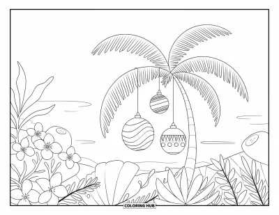 Coloriage de Noël en juillet pour adultes : Des boules et des fleurs encadrent un paisible palmier sous un ciel limpide